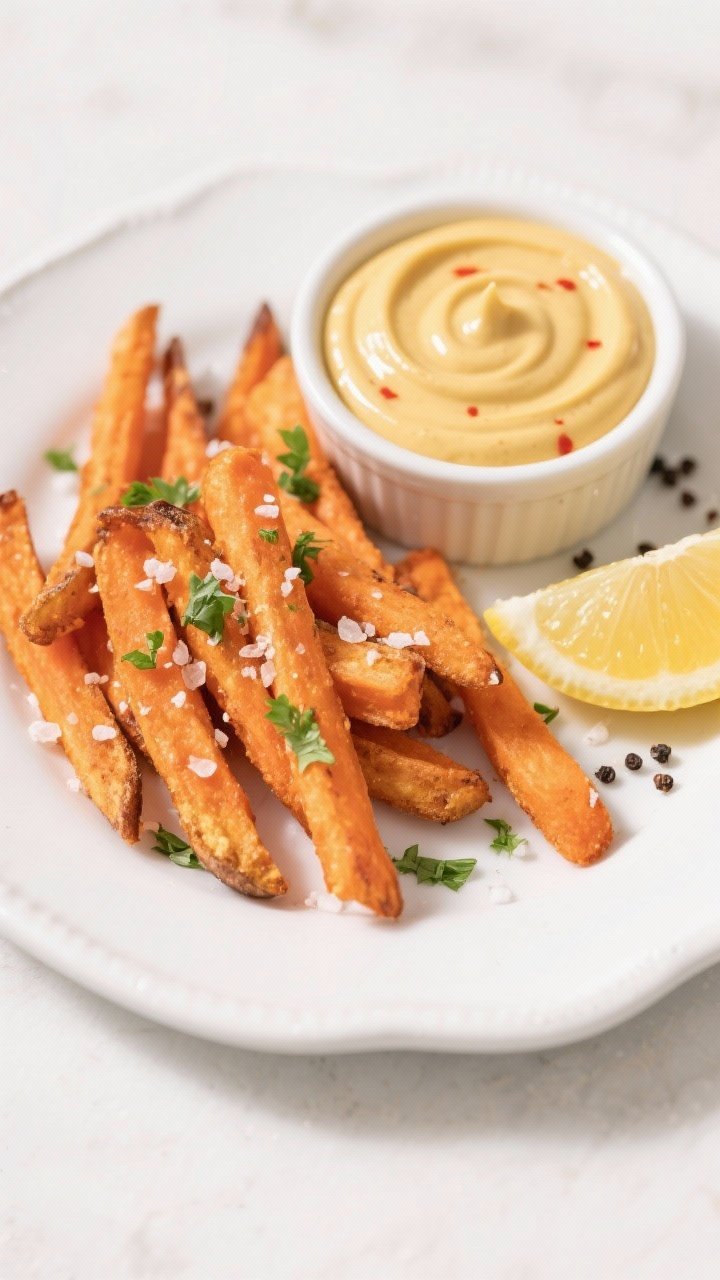 Final dish presentation: Beautifully plated Air Fryer Carrot Fries on a white ceramic plate, sprinkl
