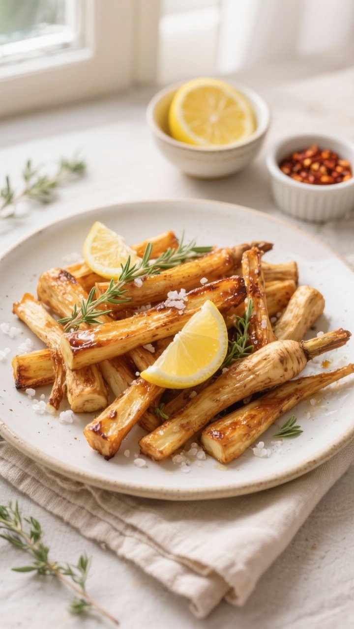 Final dish presentation: Beautifully plated Air Fryer Honey Roasted Parsnips piled onto a warm white