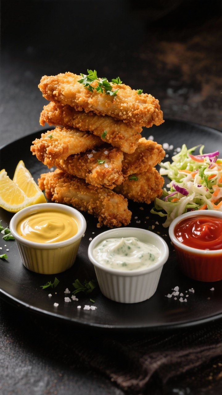 Final dish presentation: Beautifully plated Air Fryer Chicken Strips on a matte black plate, stacked