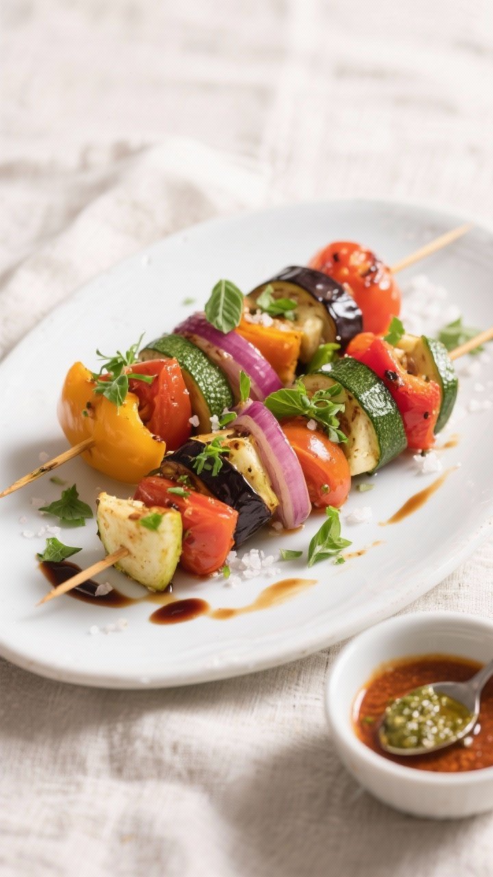 Final dish presentation: Beautifully plated Air Fryer Ratatouille Skewers on a white ceramic platter