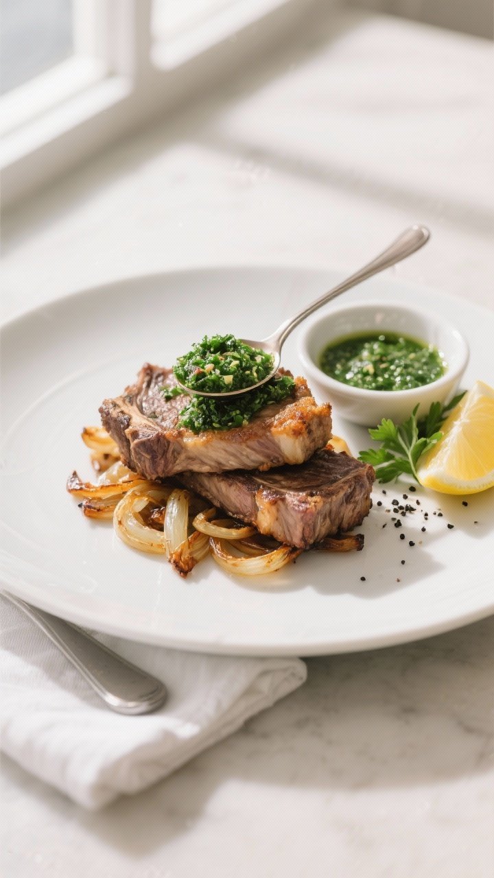 Final dish presentation: Beautifully plated air-fried mutton chops stacked over a bed of caramelized