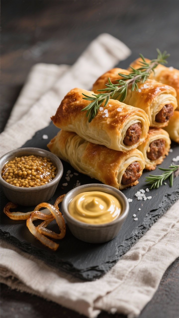 Final dish presentation: Beautifully plated air fryer sausage rolls stacked on a dark slate board, g