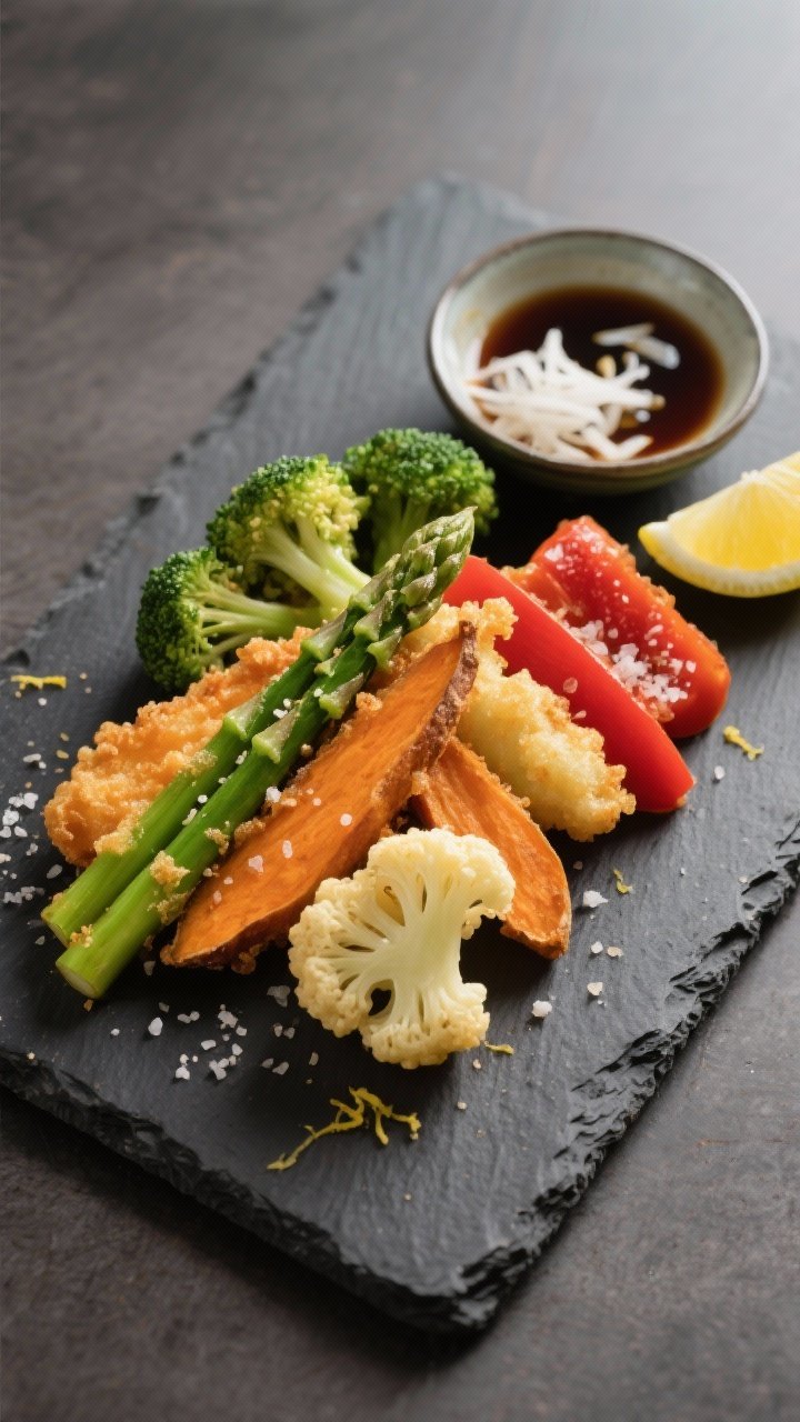 Final dish presentation: Beautifully plated air fryer vegetable tempura on a dark slate platter, arr