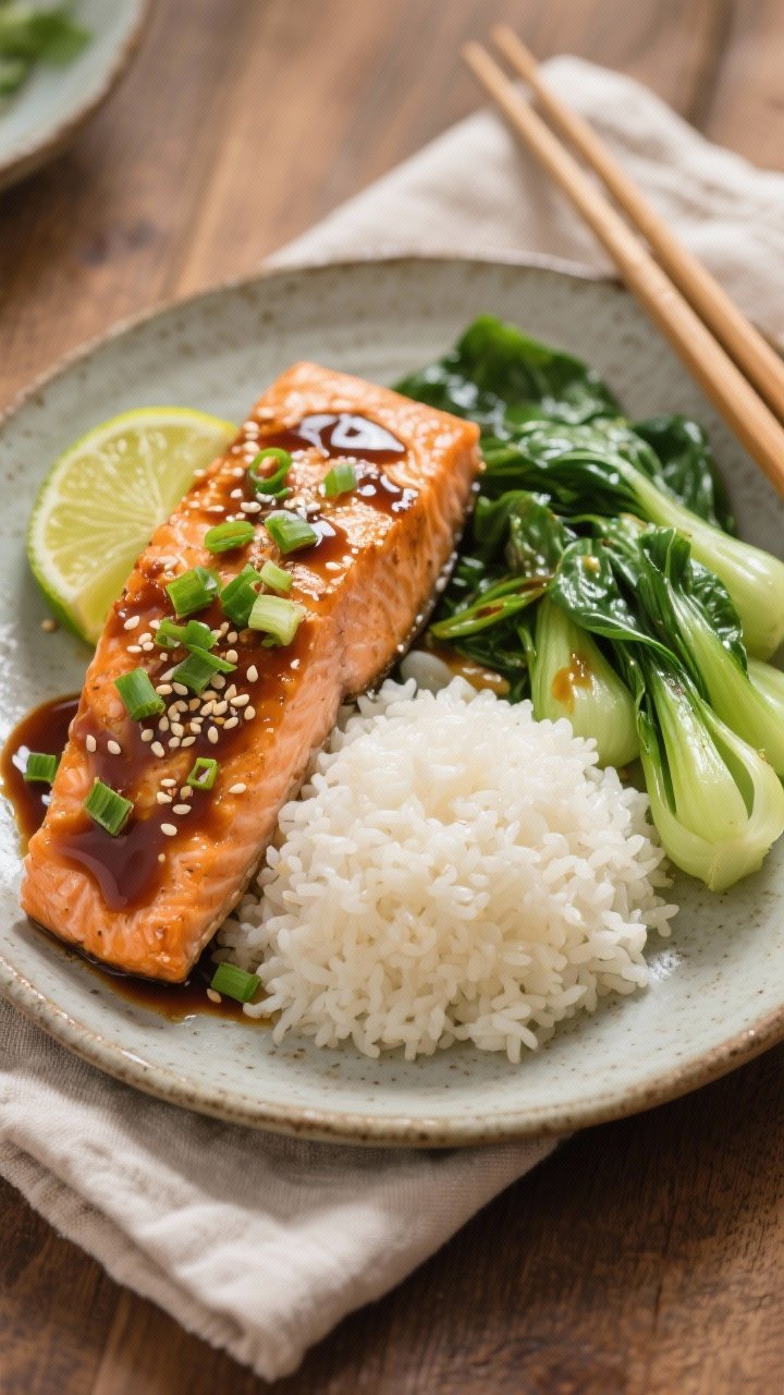 Final dish presentation: Beautifully plated air fryer miso salmon on a ceramic stoneware plate with 