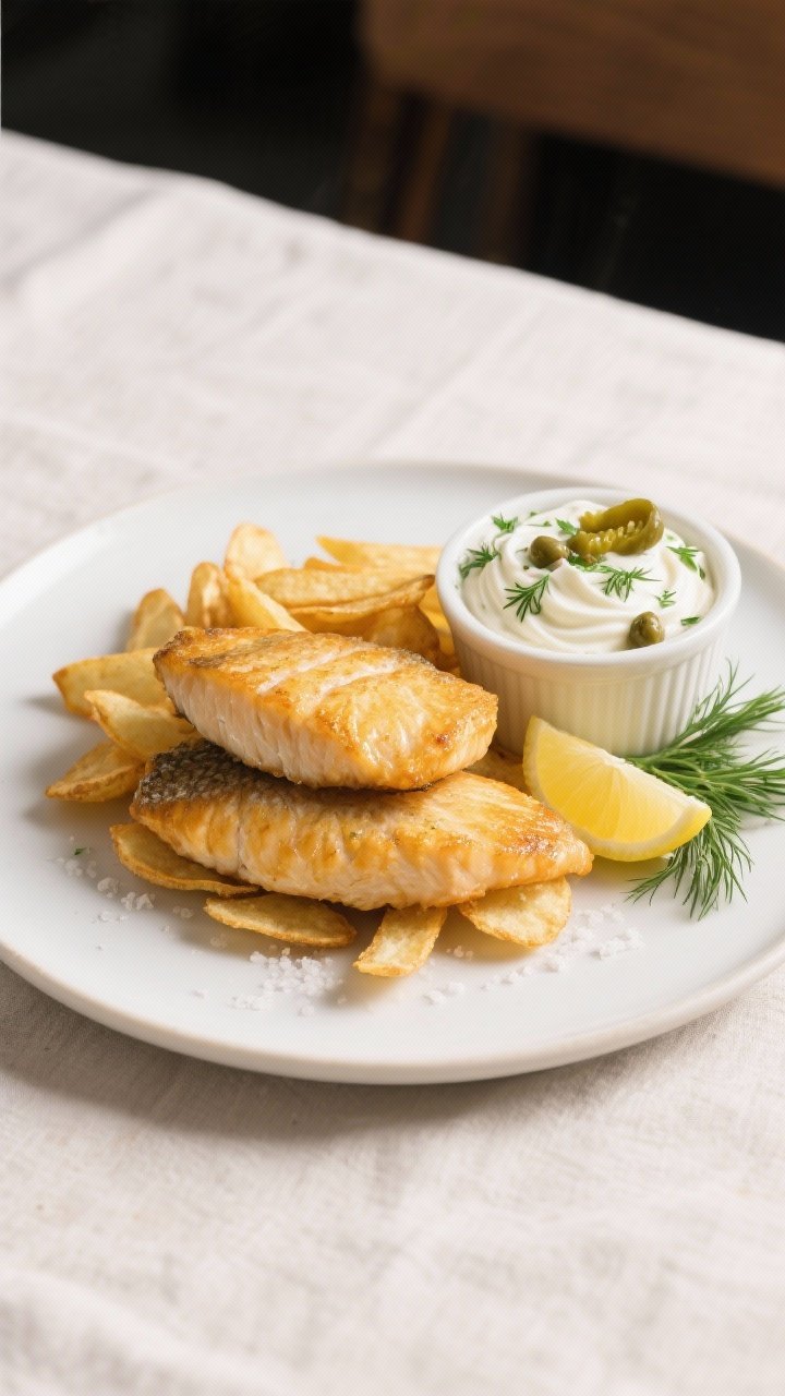 Final dish presentation: Beautifully plated Air Fryer Fish and Chips on a matte white plate—two go