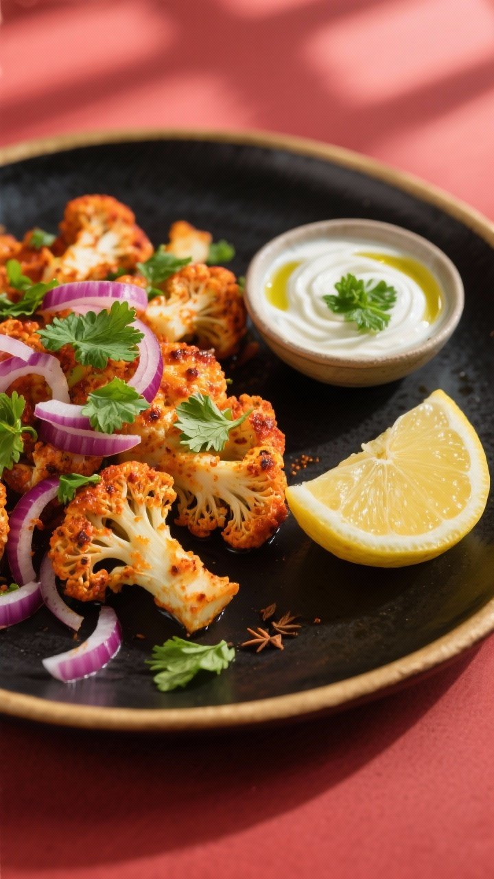 Final dish presentation: Beautifully plated Air Fryer Tandoori Cauliflower on a matte black platter,