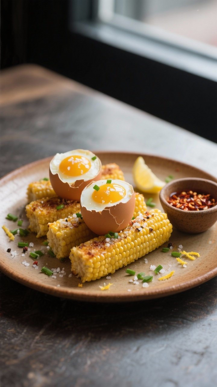 Final dish presentation: Beautifully plated Air Fryer Maize Soldiers with soft-boiled eggs in egg cu