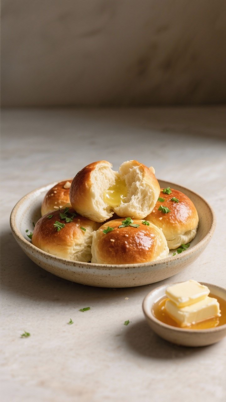 Final dish presentation: Beautifully plated air fryer dinner rolls in a shallow stoneware bowl, a fe