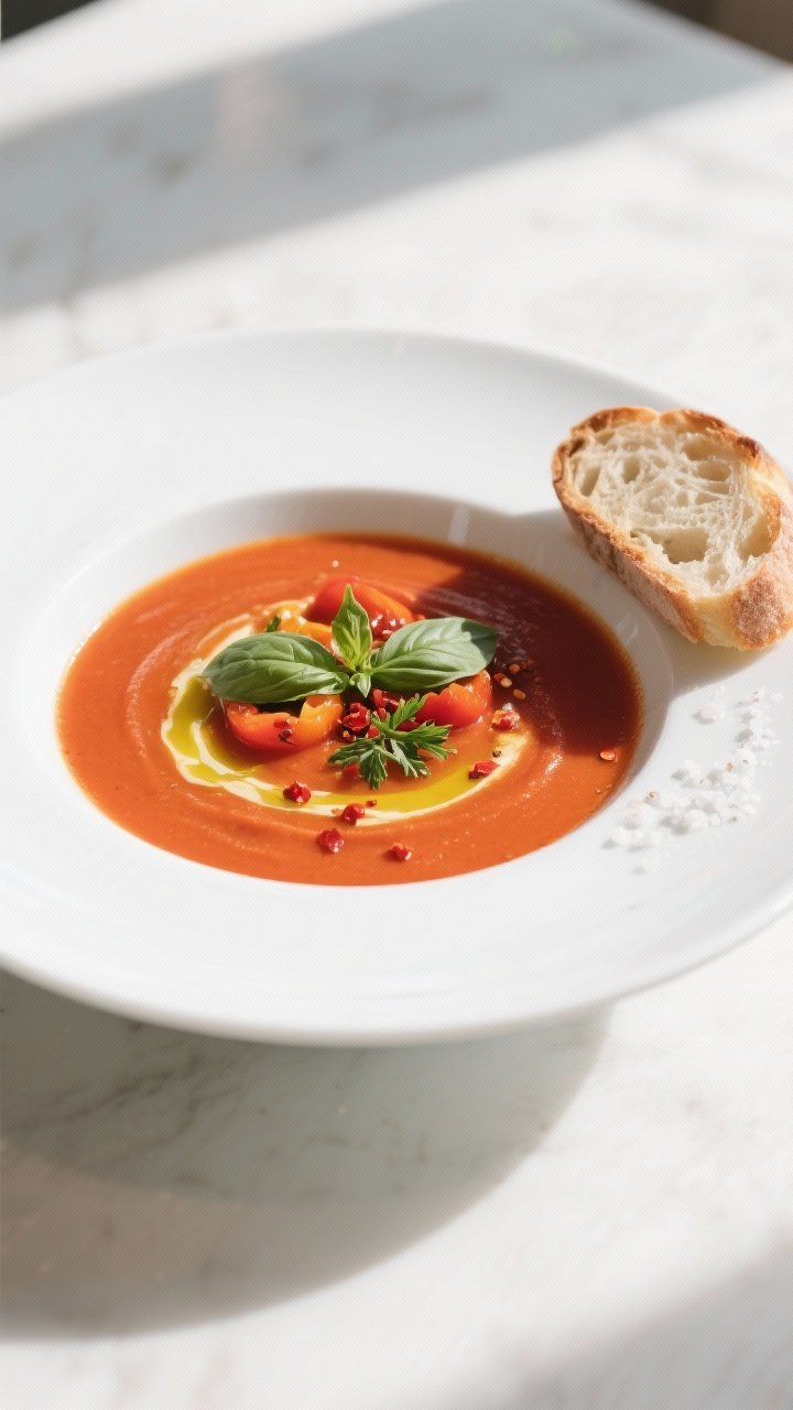 Final dish presentation: Beautifully plated Air Fryer Roast Tomato and Sweet Pepper Soup in a wide, 