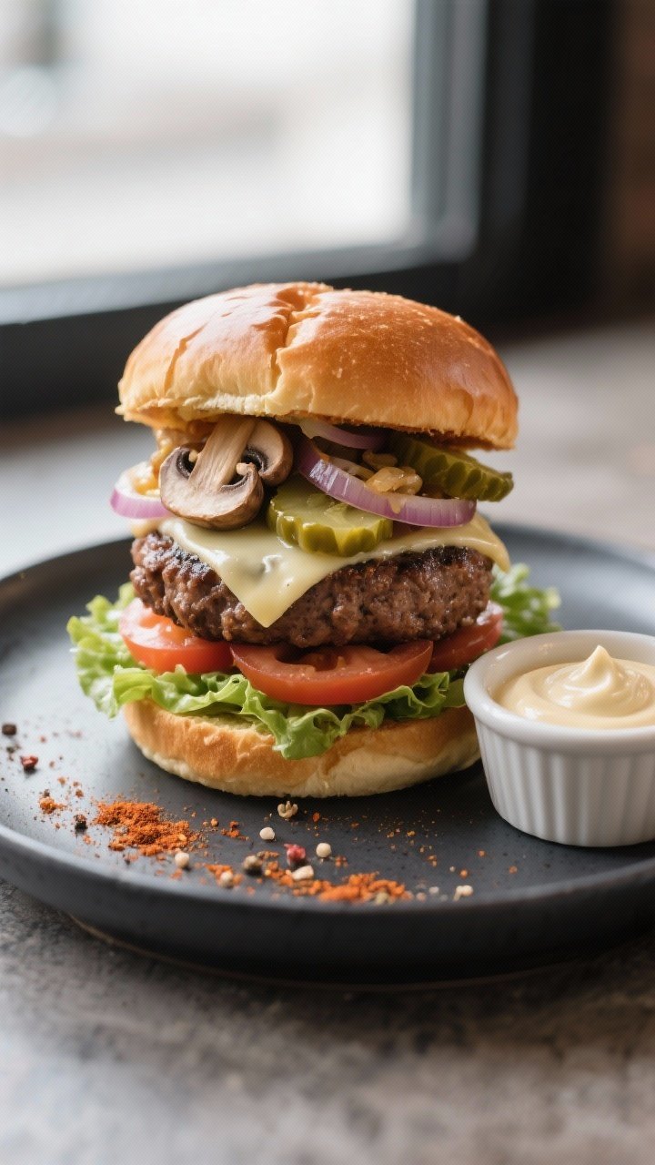 Final dish presentation: Beautifully plated air fryer mushroom burger stacked on a sturdy toasted bu