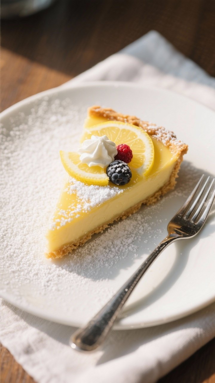 Final dish presentation: Beautifully plated Air Fryer Tangy Lemon Tart slice on a white ceramic plat