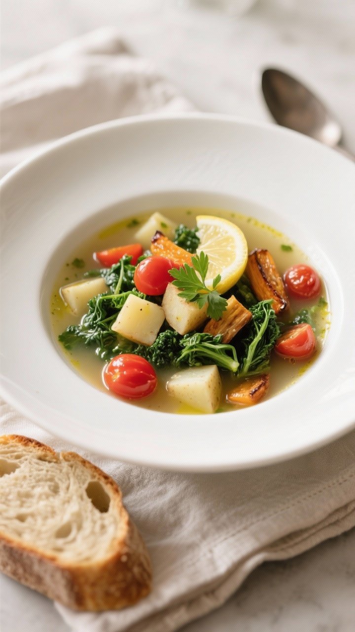 Final dish presentation: Beautifully plated Air Fryer Wholesome Vegetable Soup in a wide, shallow wh