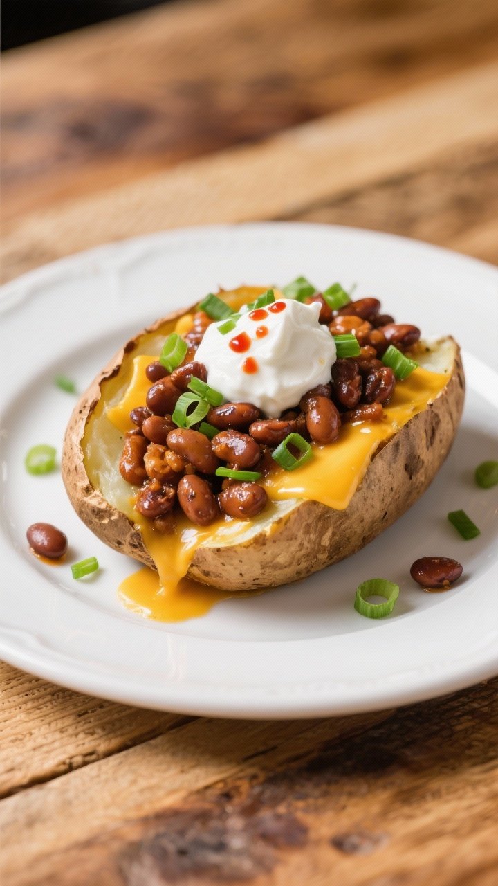 Final dish presentation: Beautifully plated Best Dressed Jacket Potato loaded with smoky-sweet barbe