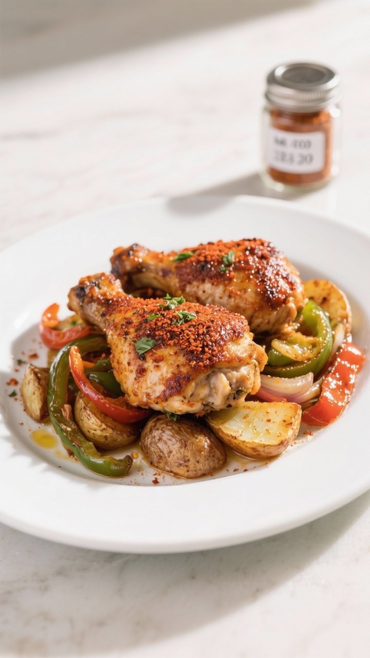 Final dish presentation: Beautifully plated Cajun-seasoned chicken thighs—juicy, crisp skin with s