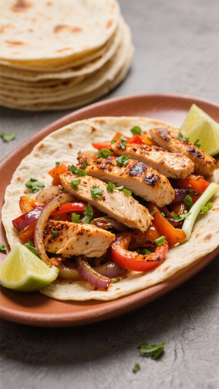 Final dish presentation: Beautifully plated chicken fajitas—juicy strips of seared chicken and cha