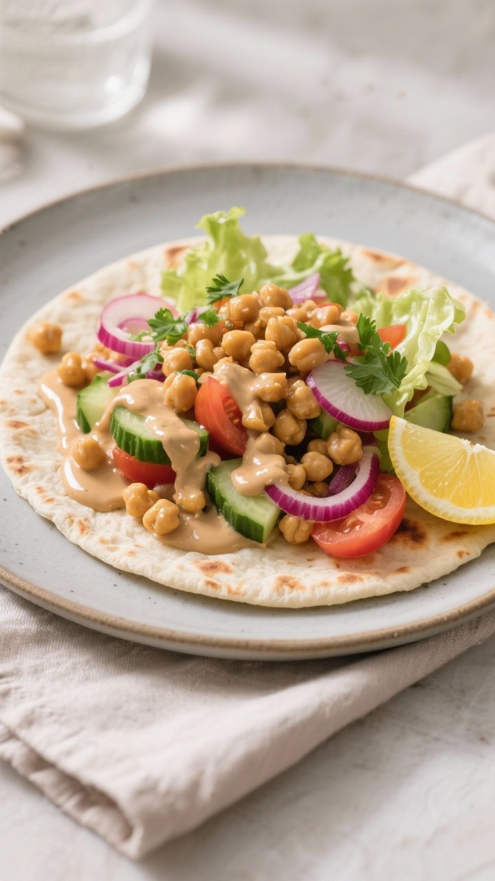 Final dish presentation: Beautifully plated chickpea shawarma wrap—warm pita swiped with tahini sa