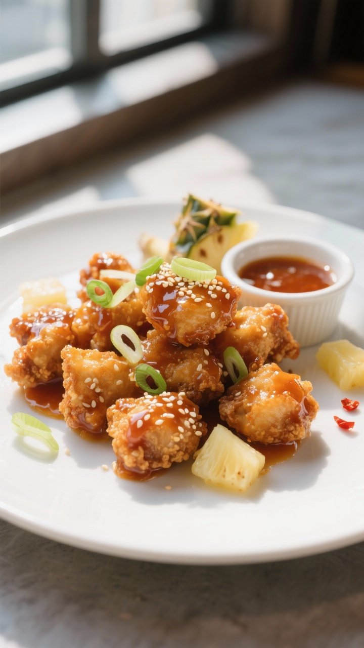 Final dish presentation: Beautifully plated crispy air-fried chicken bites tossed in the sweet and s