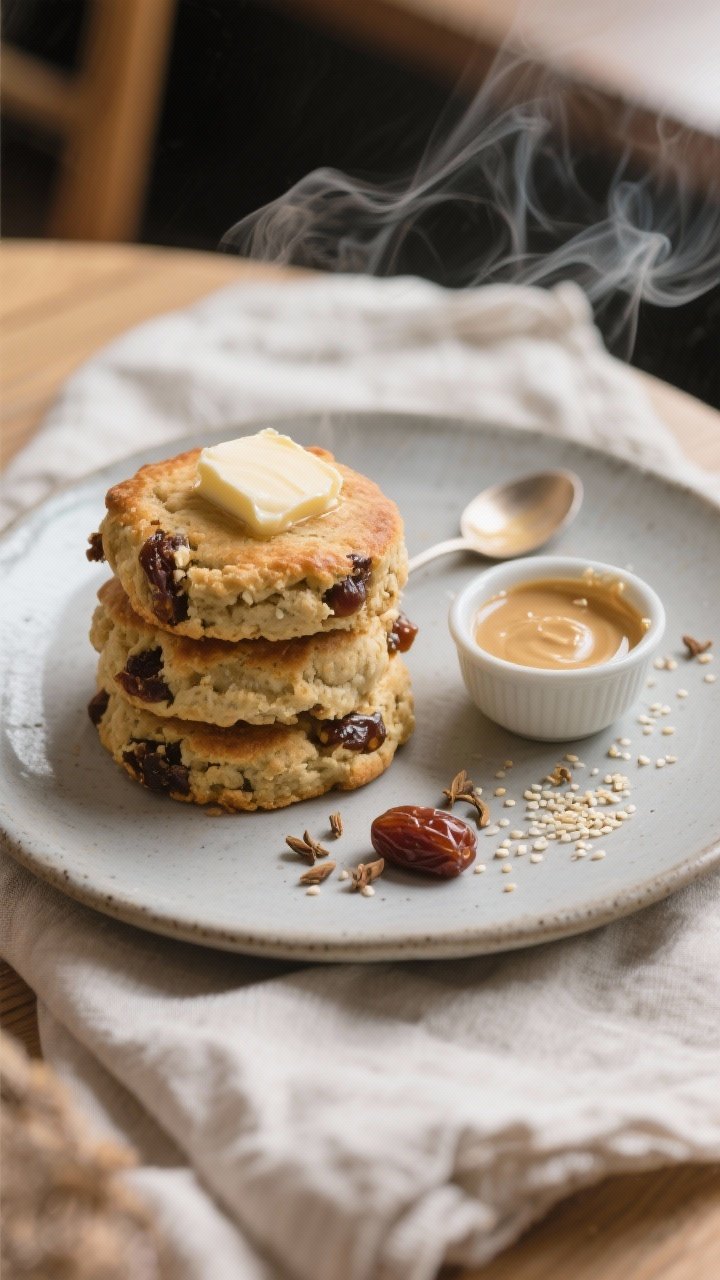 Final dish presentation: Beautifully plated date and tahini scones stacked on a matte stoneware plat