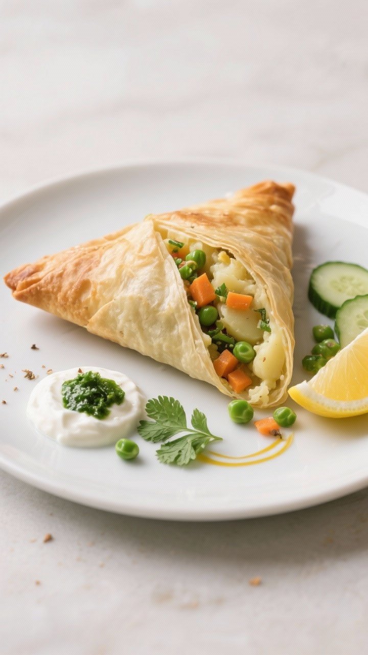 Final dish presentation: Beautifully plated giant phyllo samosa on a matte white plate, cut diagonal