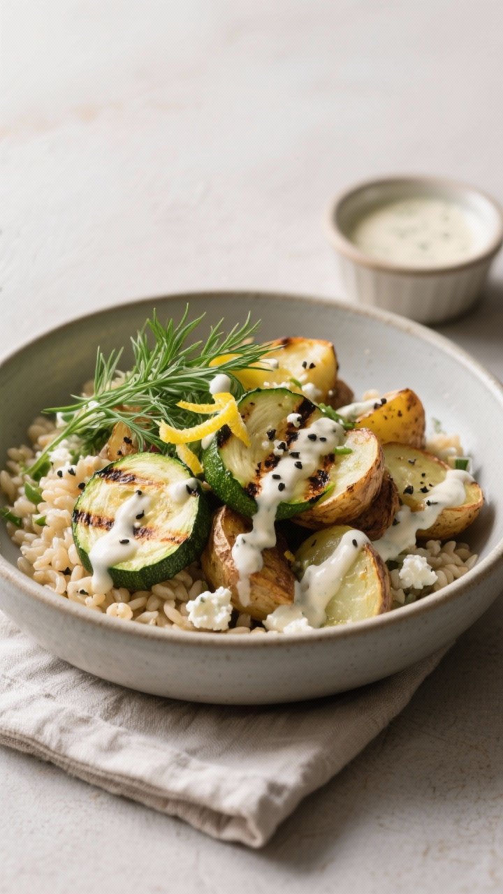 Final dish presentation: Beautifully plated grain bowl topped with grilled zucchini and roasted pota