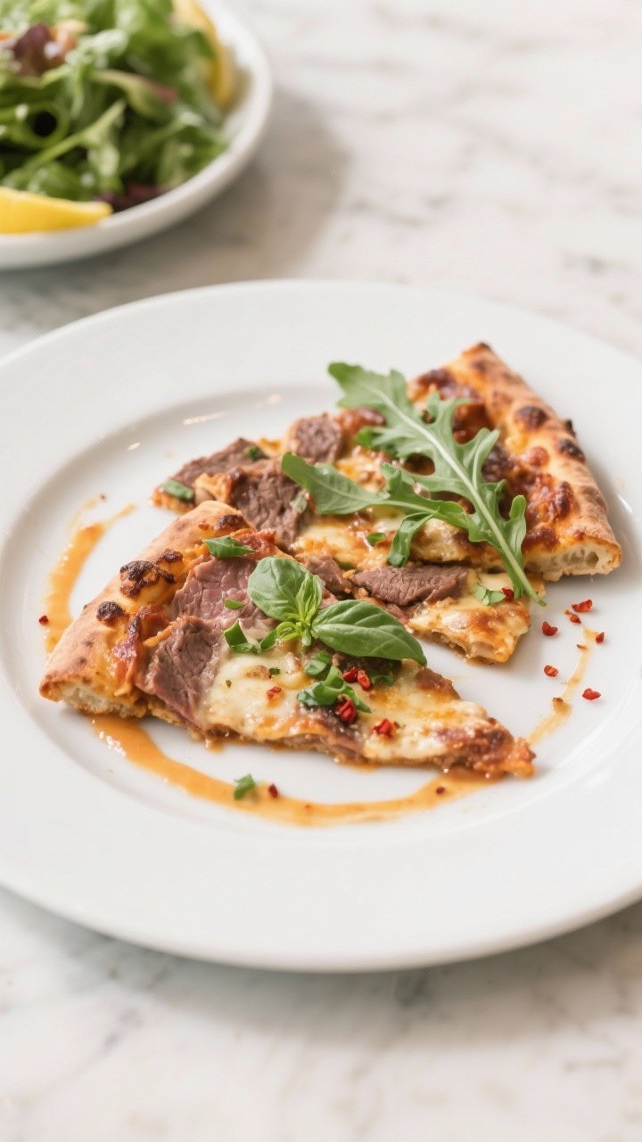 Final dish presentation: Beautifully plated meatzza slices on a matte white round plate with a light