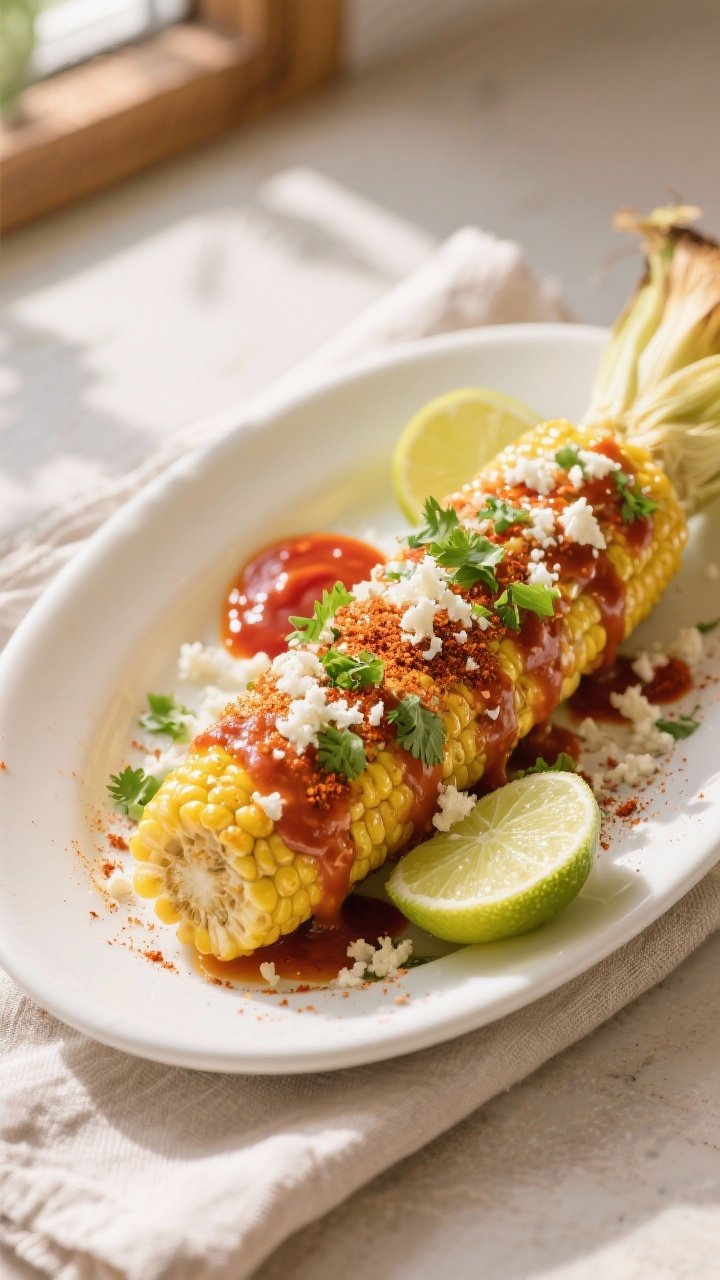 Final dish presentation: Beautifully plated Mexican street corn on a matte white oval platter, each 