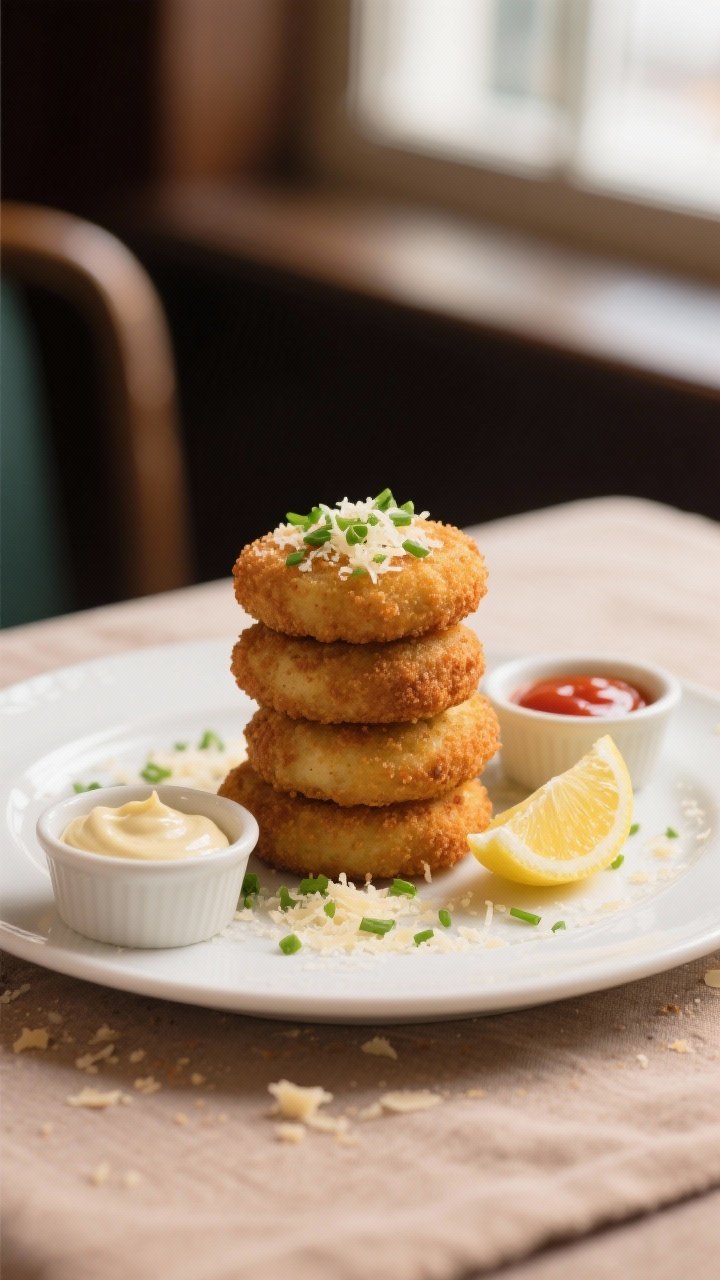 Final dish presentation: Beautifully plated potato croquettes arranged in a staggered stack on a whi
