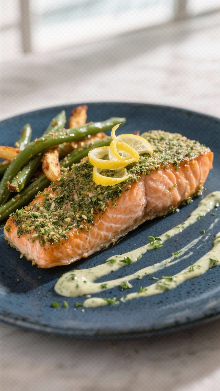 Final dish presentation: Beautifully plated ranch-seasoned air-fried salmon fillet, flaky interior v