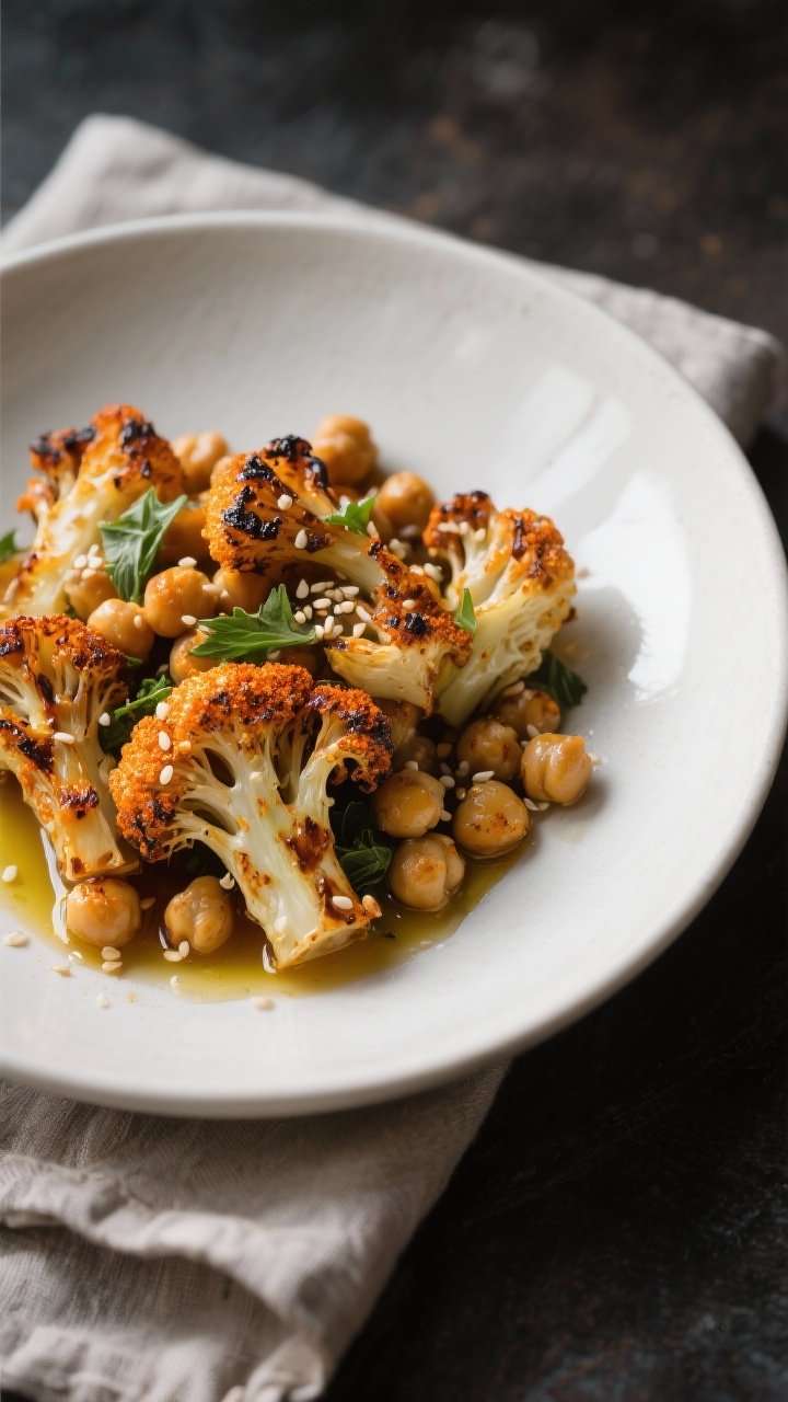 Final dish presentation — Beautifully plated Ras el Hanout roasted cauliflower and chickpeas, char