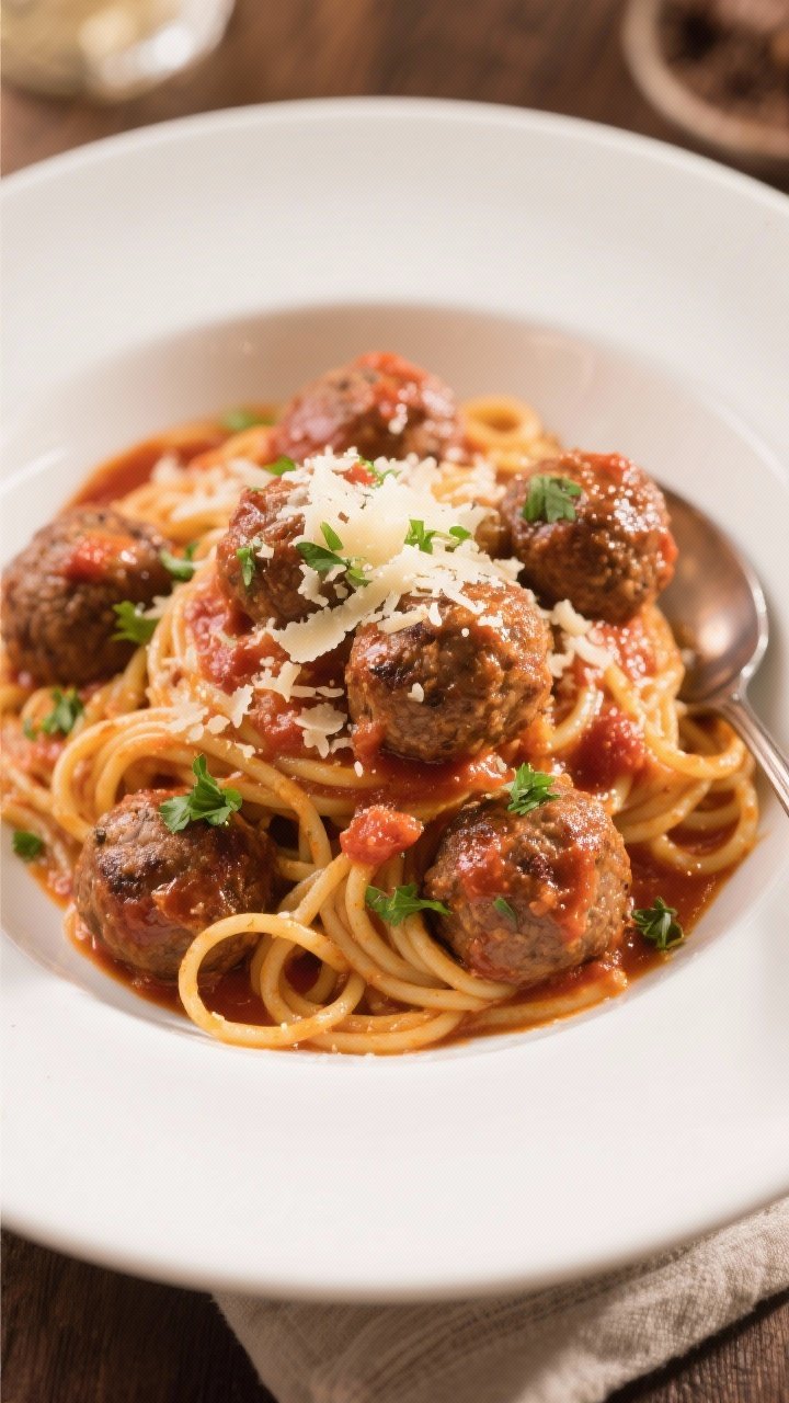 Final dish presentation: Beautifully plated spaghetti and marinara topped with glossy air fryer meat