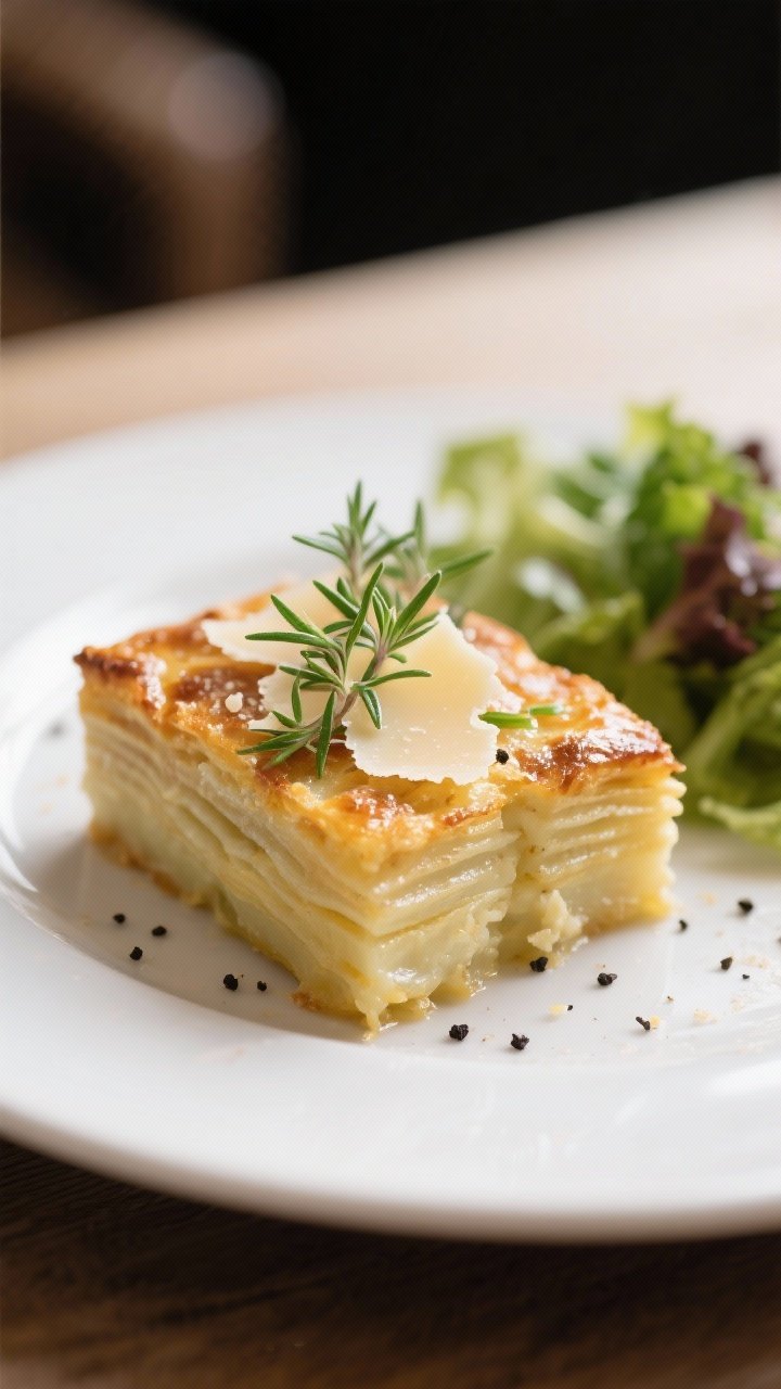 Final dish presentation: Beautifully plated square of potato bake with defined, thin layers on a mat
