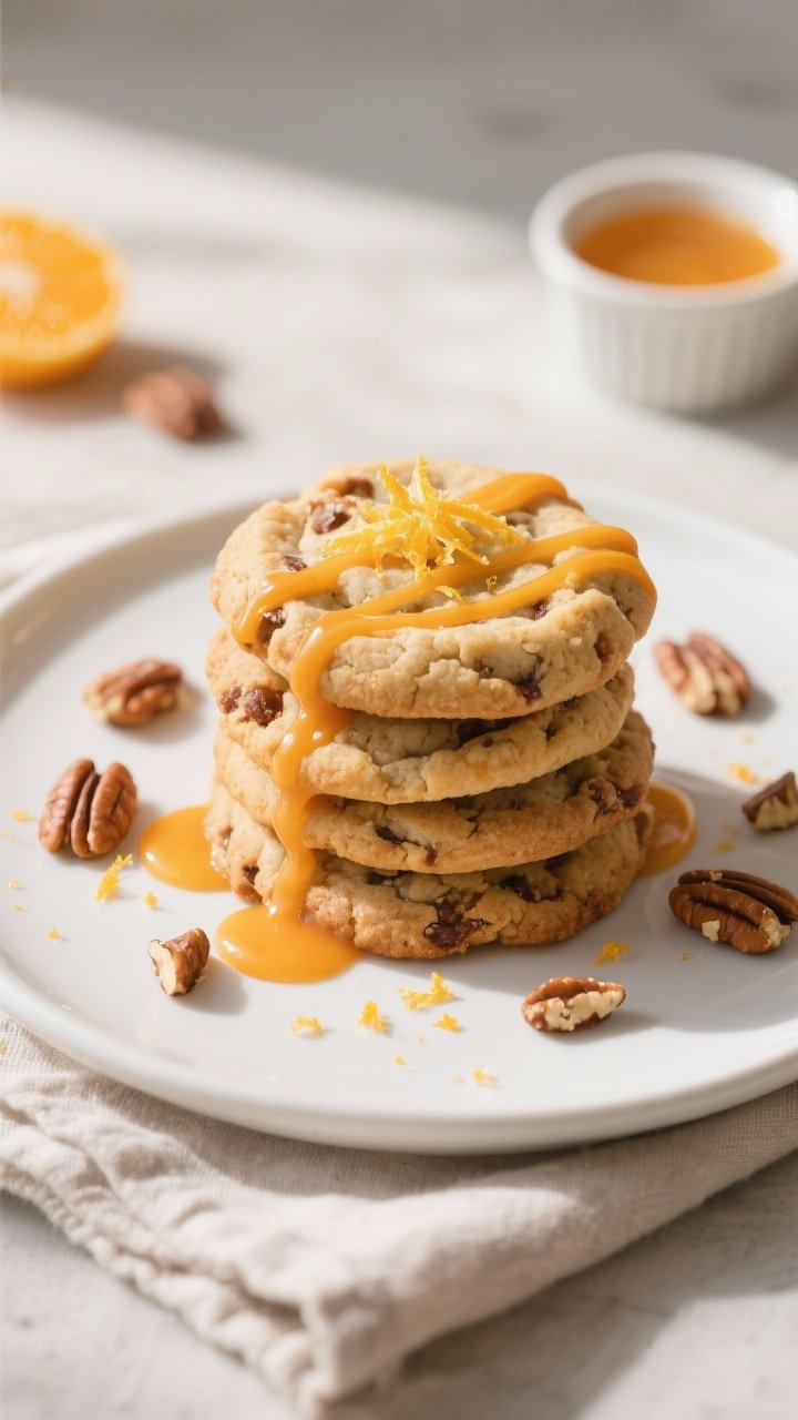 Final dish presentation: Beautifully plated stack of Air Fryer Orange and Pecan Cookies on a matte w
