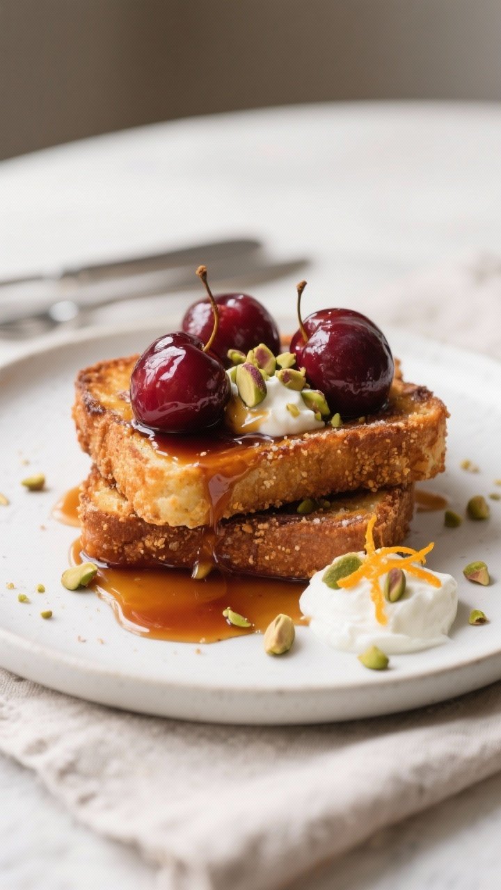 Final dish presentation: Beautifully plated stack of two crispy crumbed French toast slices on a mat