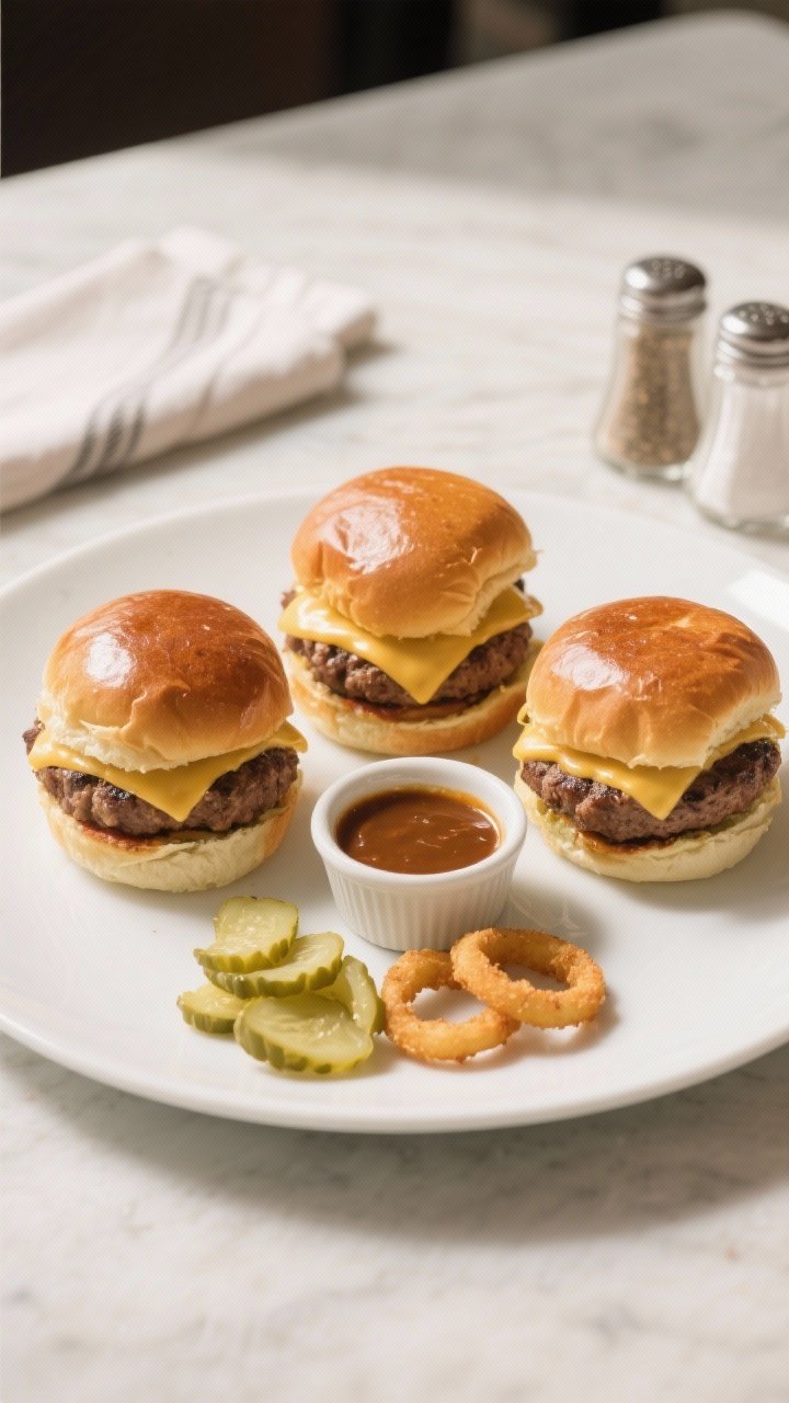 Final dish presentation: Beautifully plated trio of cheeseburger sliders on a matte white plate with