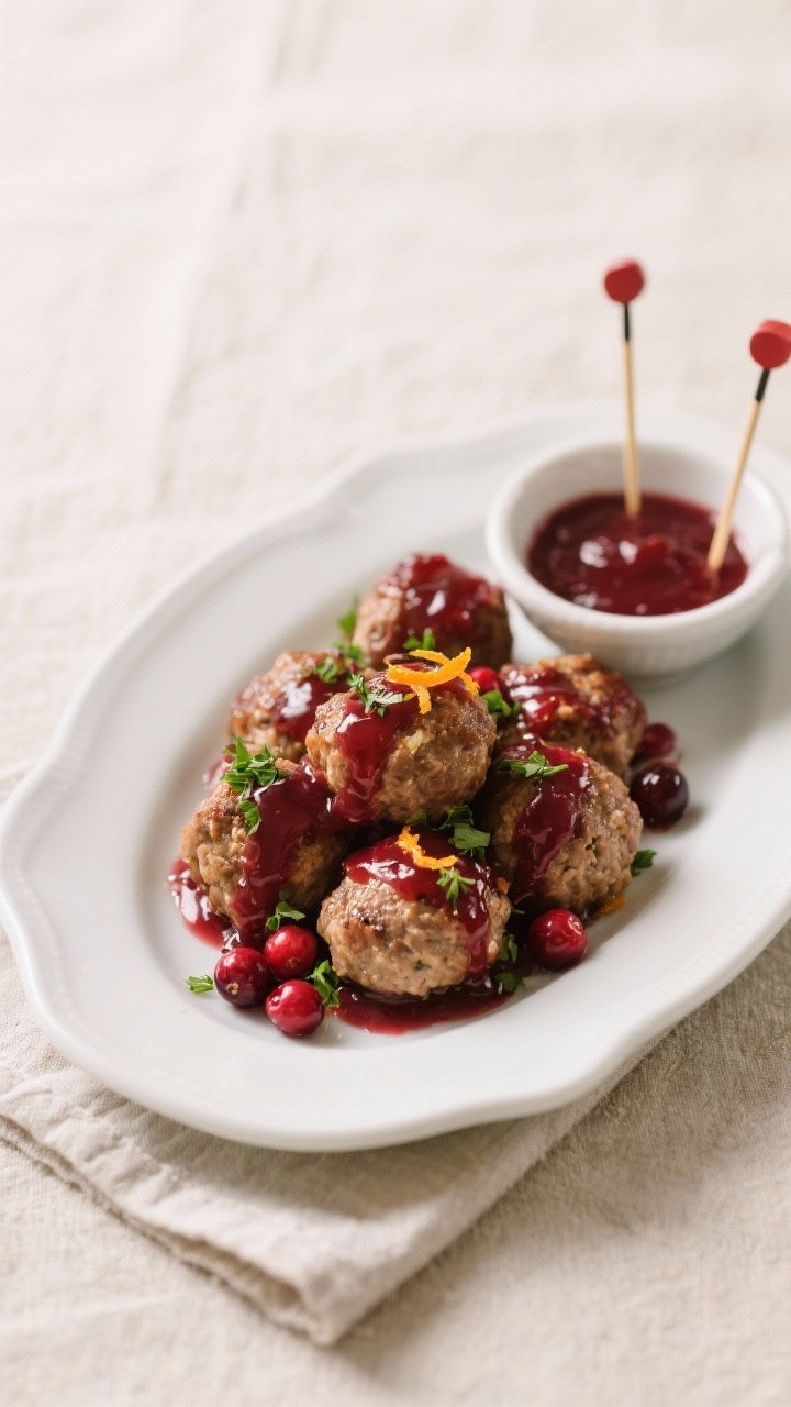 Final dish presentation: Beautifully plated turkey meatballs tossed in warm cranberry sauce on a whi