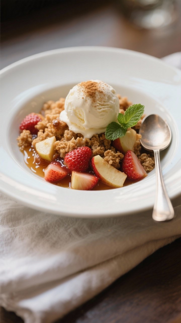 Final dish presentation: Beautifully plated warm apple and strawberry crumble served in a matte whit