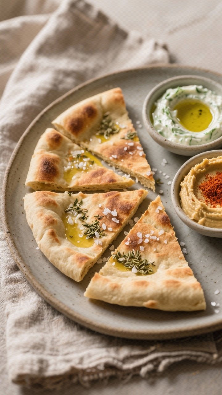 Final dish presentation: Beautifully plated warm pitas quartered and fanned on a matte ceramic platt