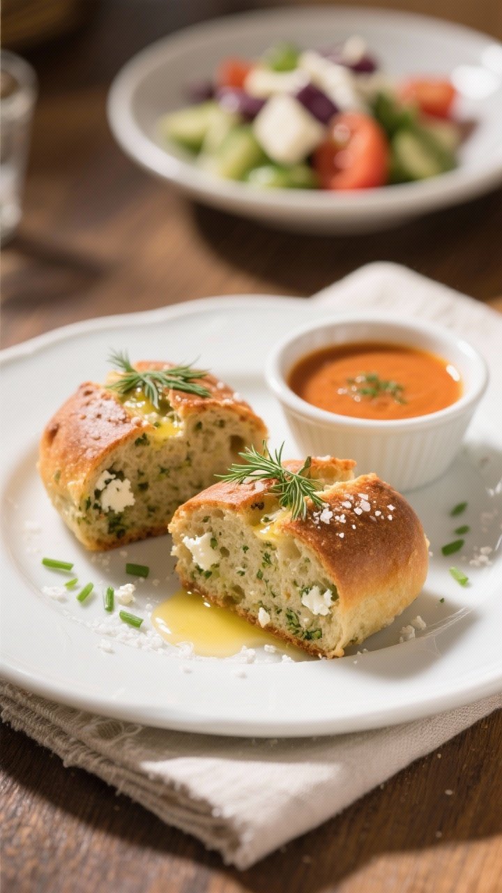 Final dish presentation: Bistro-style plate with two mini loaves split open, revealing a moist, herb