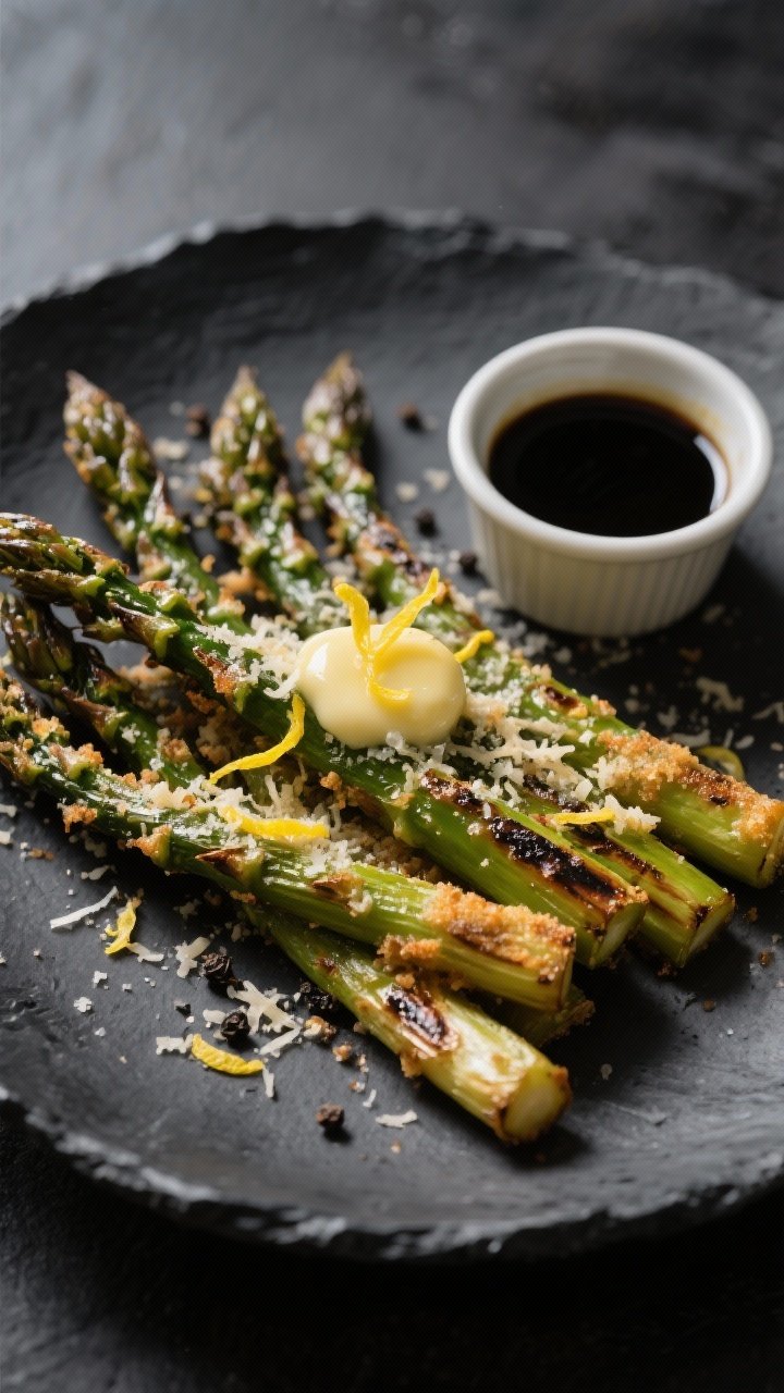 Final dish presentation: Bistro-style plating of air-fried asparagus on a charcoal stoneware plate, 