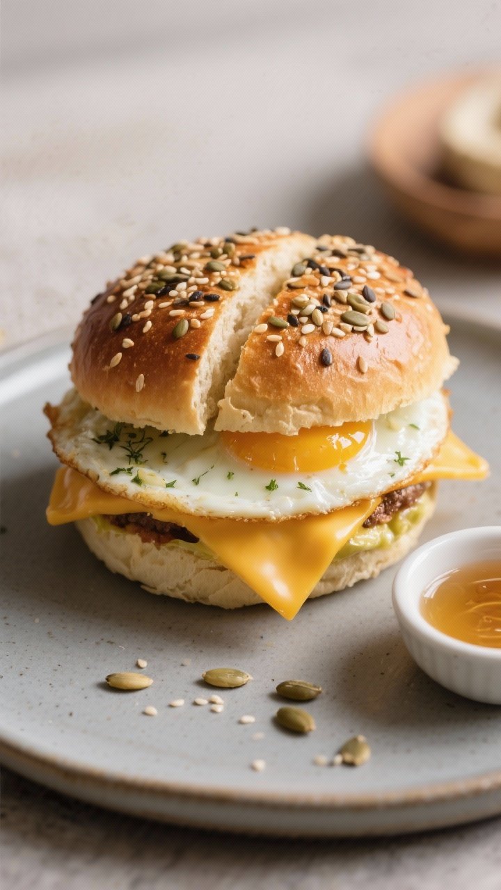 Final dish presentation: burger-style seed bun sliced and assembled as a breakfast sandwich—soft c