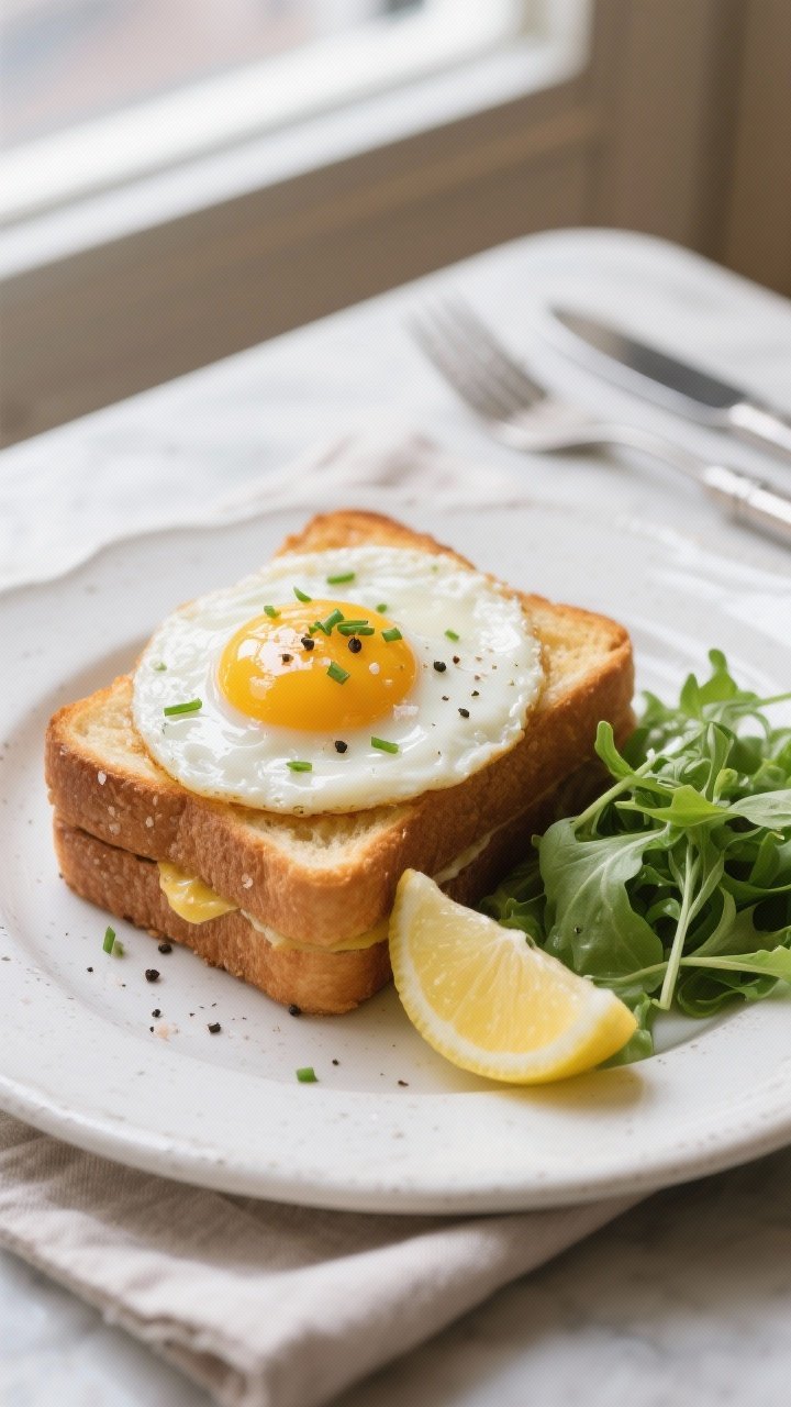 Final dish presentation: Café-style plating of the Croque Madame on a white stoneware plate, crowne