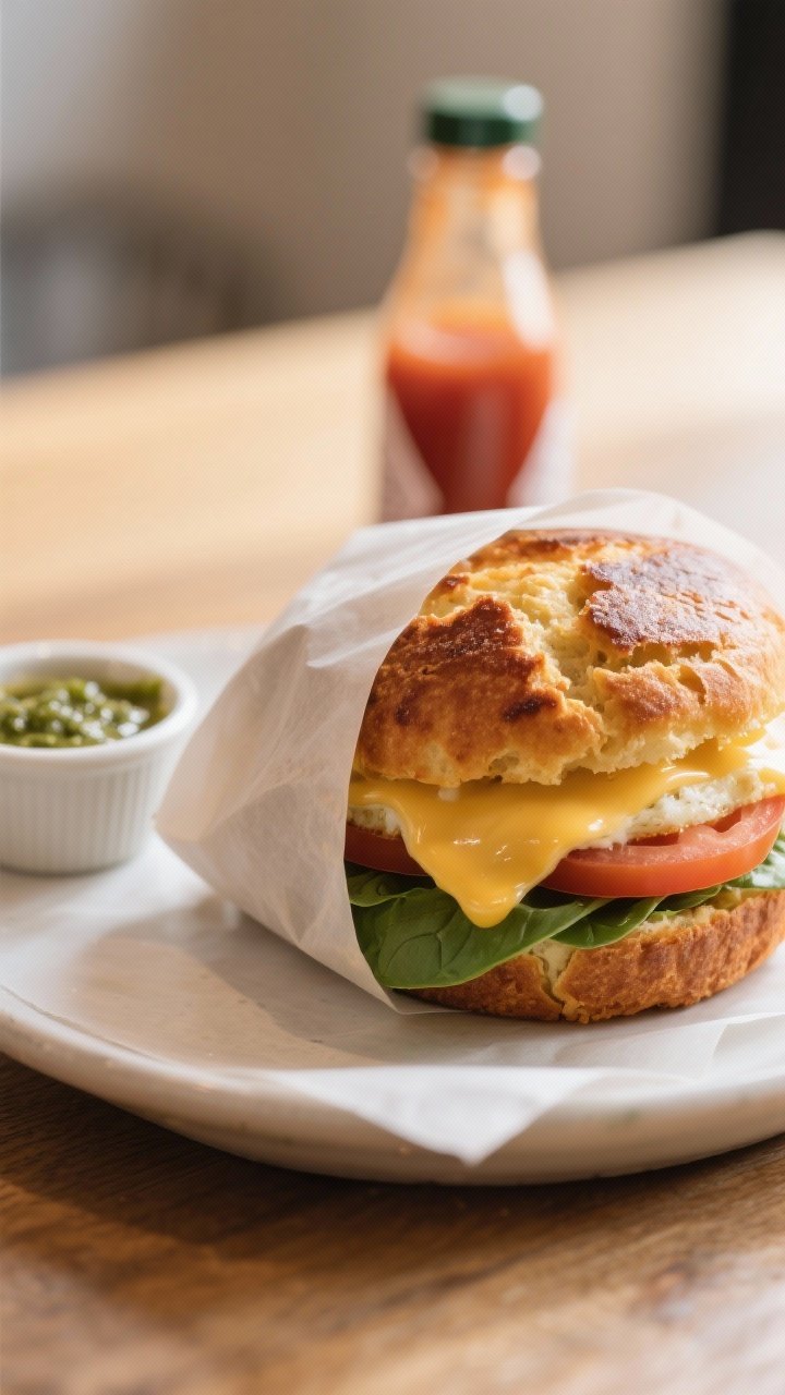 Final dish presentation: Café-style plating of the breakfast sandwich wrapped halfway in parchment 