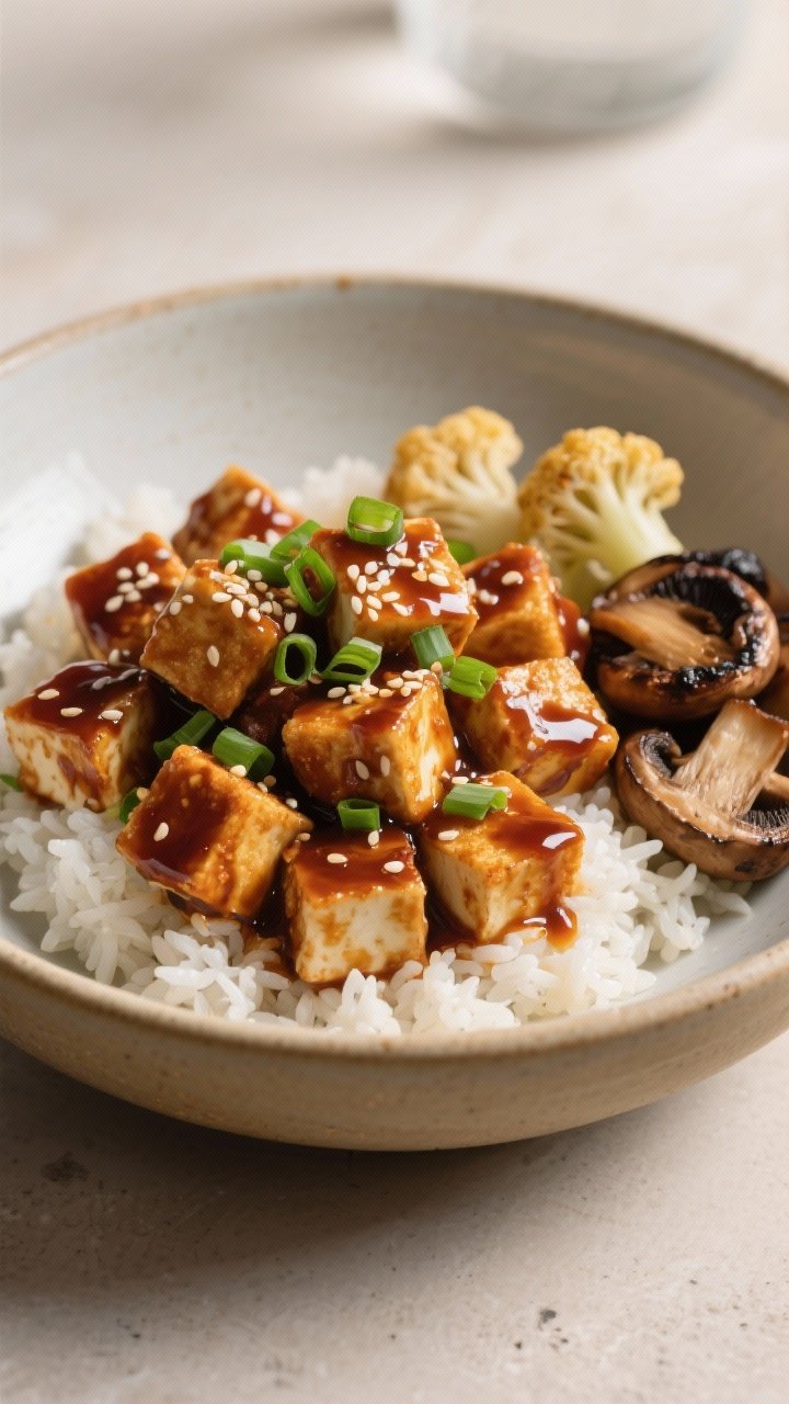 Final dish presentation: Crispy tofu cubes tossed in the glossy Korean BBQ glaze, edges browned and