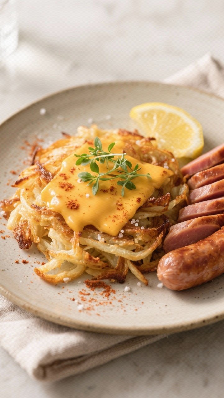 Final dish presentation: Elegant brunch plating of hash browns finished extra-crisp (400°F blast) w