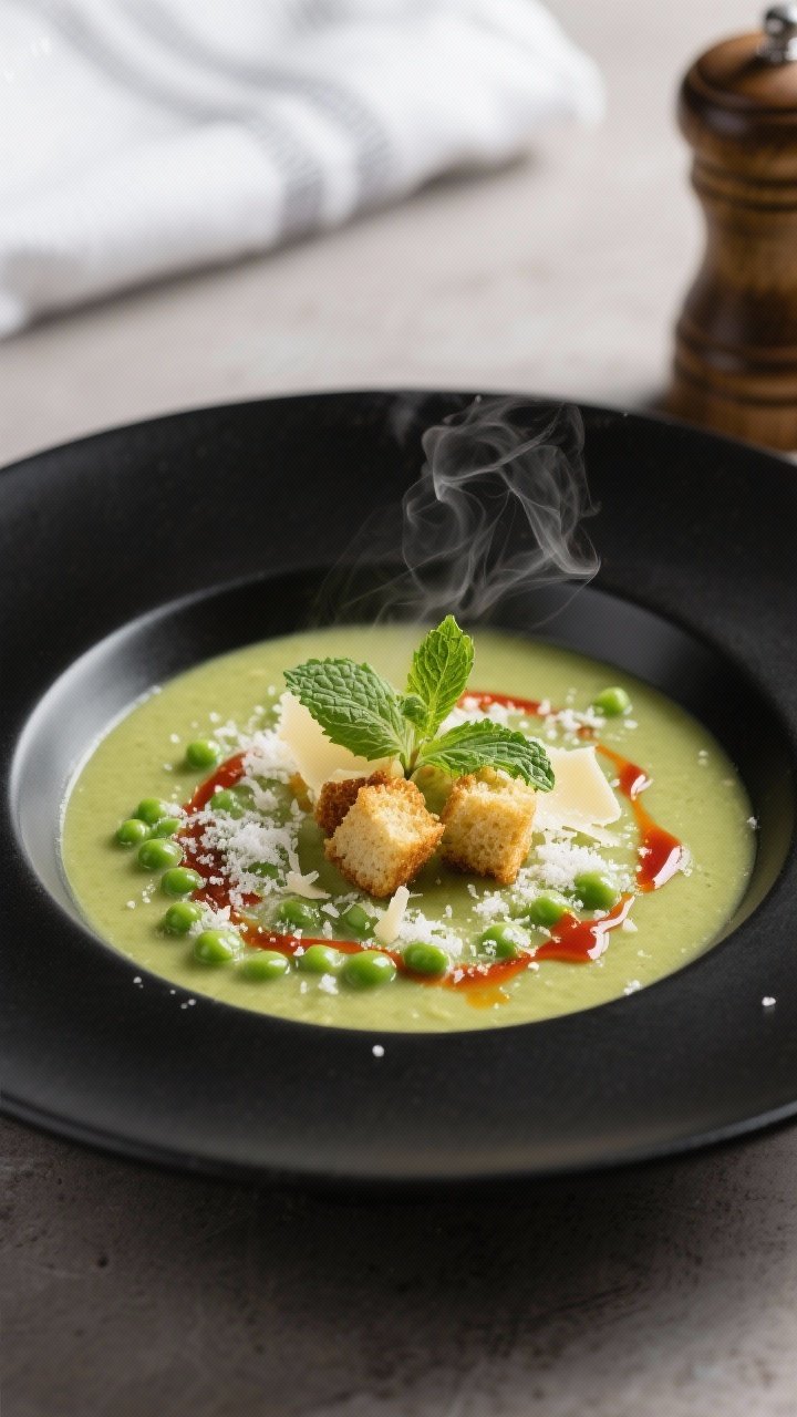 Final dish presentation: Elegant plated bowl of pea soup with ultra-smooth sheen, garnished with fin