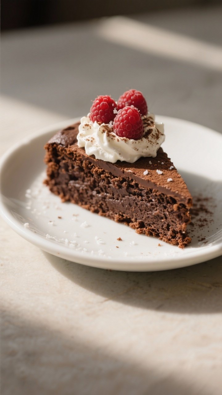 Final dish presentation: Elegant slice of air fryer 3-ingredient chocolate cake plated on a small wh