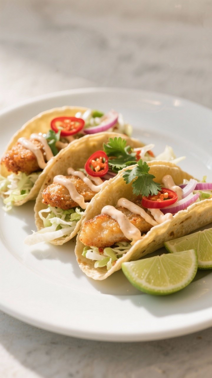 Final dish presentation: Fish tacos on a matte white plate, generously drizzled with the chilli-lime