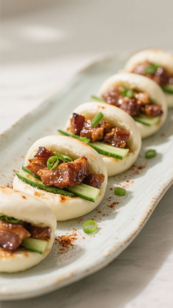 Final dish presentation for bao: pillowy bao buns stuffed with chopped char siu, glossy glaze, crisp