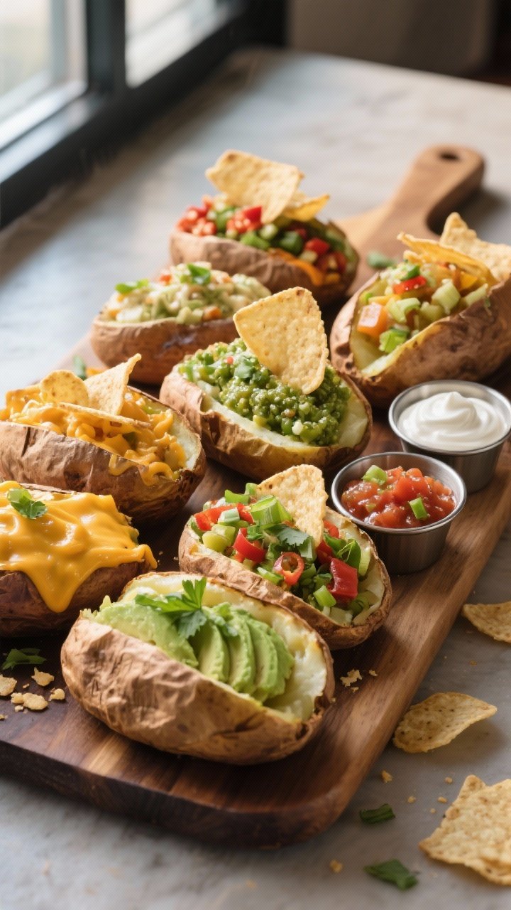 Final dish presentation – Game-day platter: a board with multiple jacket potatoes in different var