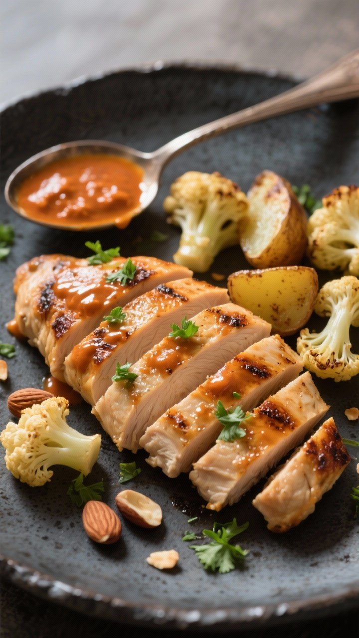 Final dish presentation: Grilled chicken breast sliced and fanned on a plate with roasted cauliflowe